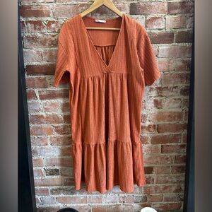ZARA Textured Weave Tiered Midi Dress Orange Size Small